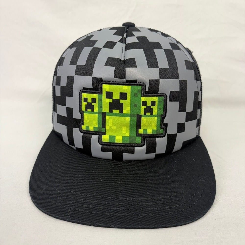Minecraft Trucker Hat Creeper Snapback Kids OSFA Black Grey Mesh Cap